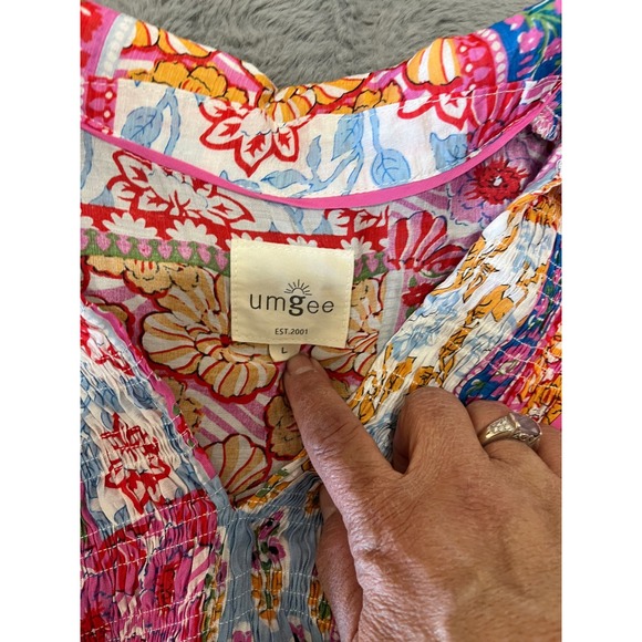 Umgee Womens Patchwork Floral Smocked V-Neck Mini Dress Pink Blue Orange Large - Picture 4 of 6